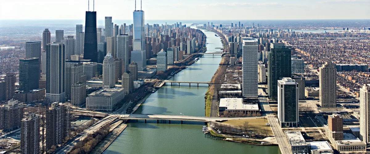 Chicago financial district viewed from above, representing the city's central role in US payment infrastructure