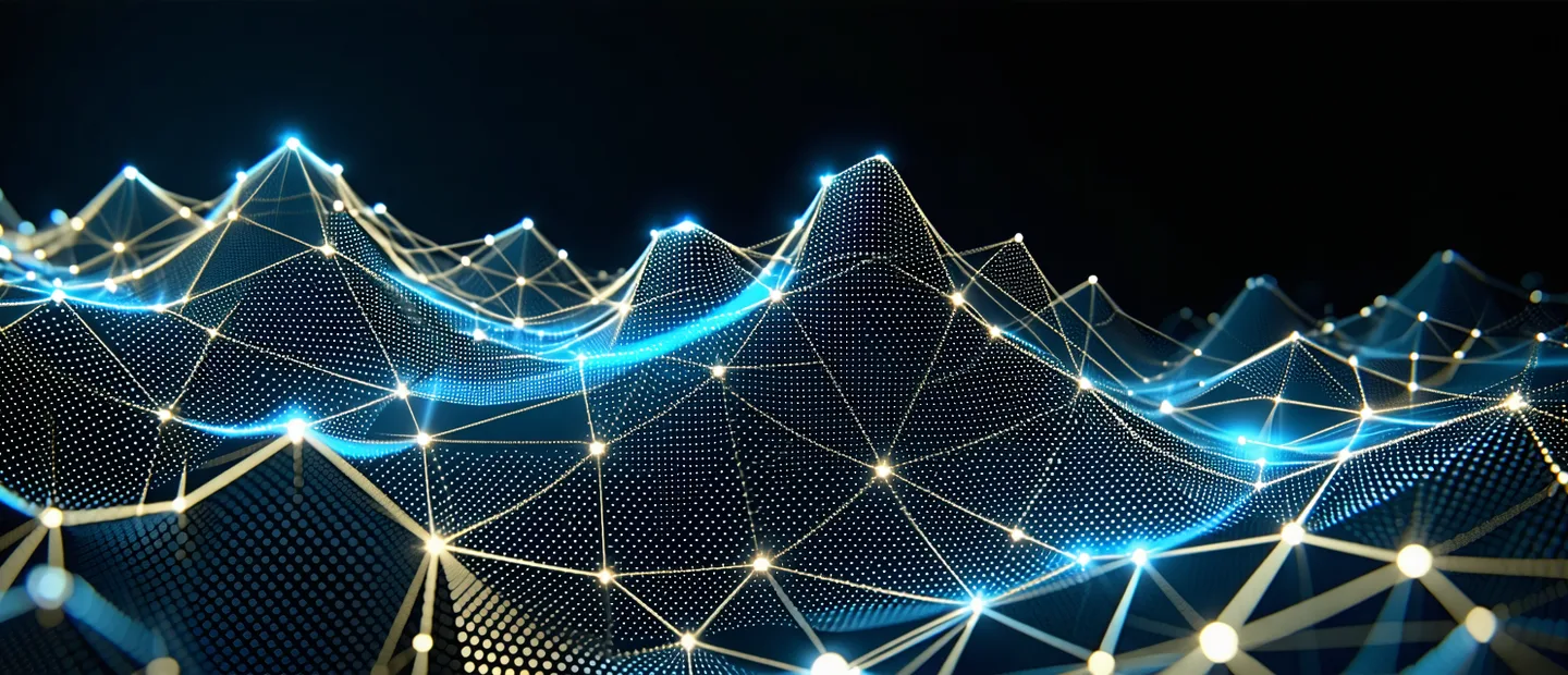 Abstract lattice cryptography visualization — interconnected node graph representing LWE mathematical structure